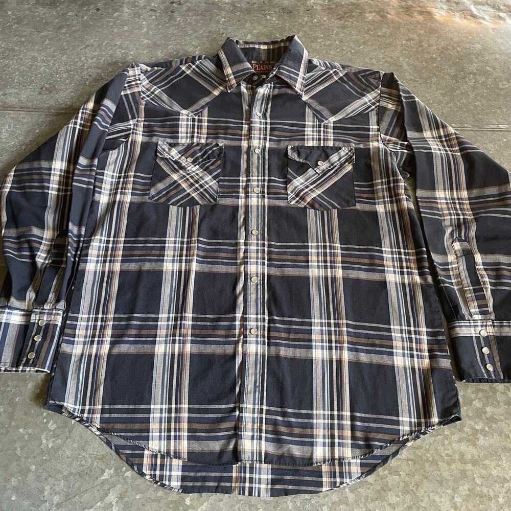 Plains Western Wear Pearl Snap Button Shirt Mens Medium Blue Plaid Vintage 90s
